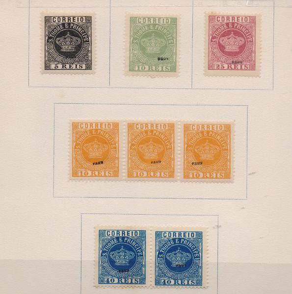 1078 v.jpg -     Lote:    1078 (verso)                   Descrição:         1876/85 &mdash; Tipo Coroa. FALSOS FOURNIER. CE 1/14. Série completa, com tira de 3 selos de 10 reis e par de 40 reis azul, com sobrecarga "FAUX", em folha extraída do álbum de falsificações Fournier, com reprodução dos carimbos utilizados nas obliterações.        **       Valor Base:     &euro; 50,00     Valor Venda:     &euro;      